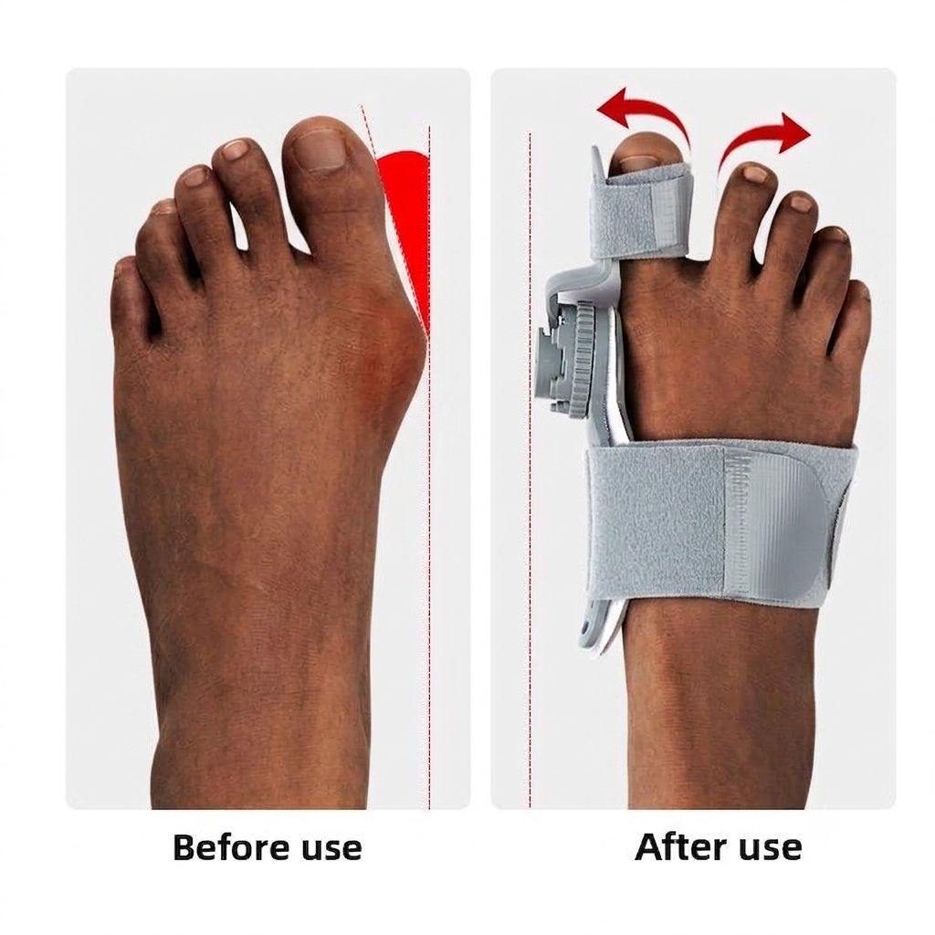 Before use: the big toe leans in over its neighbours. After use: the device holds it back in line.